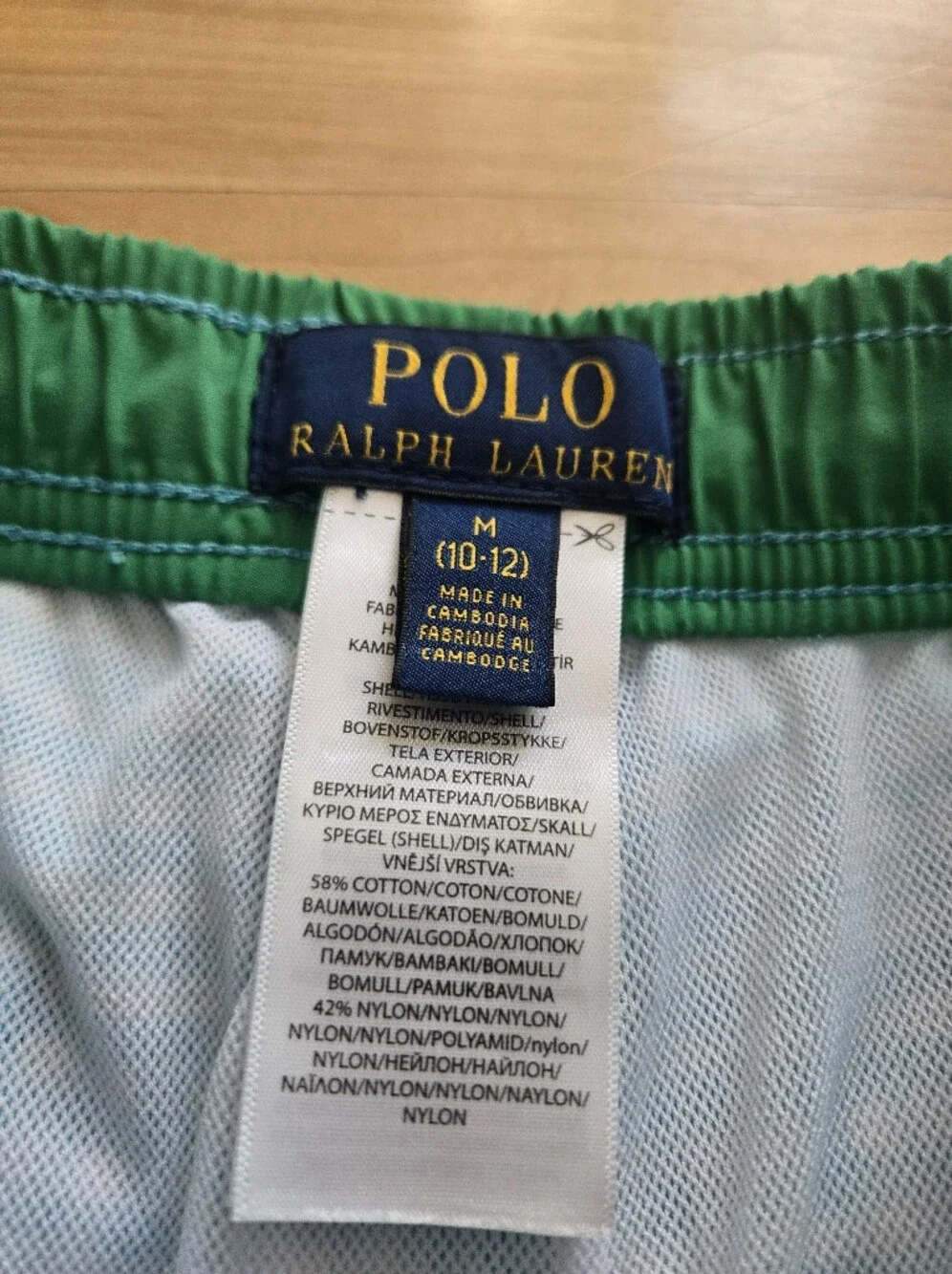 Polo by Ralph Lauren Boys Light Blue Gingham Swim Trunks with Green Trim